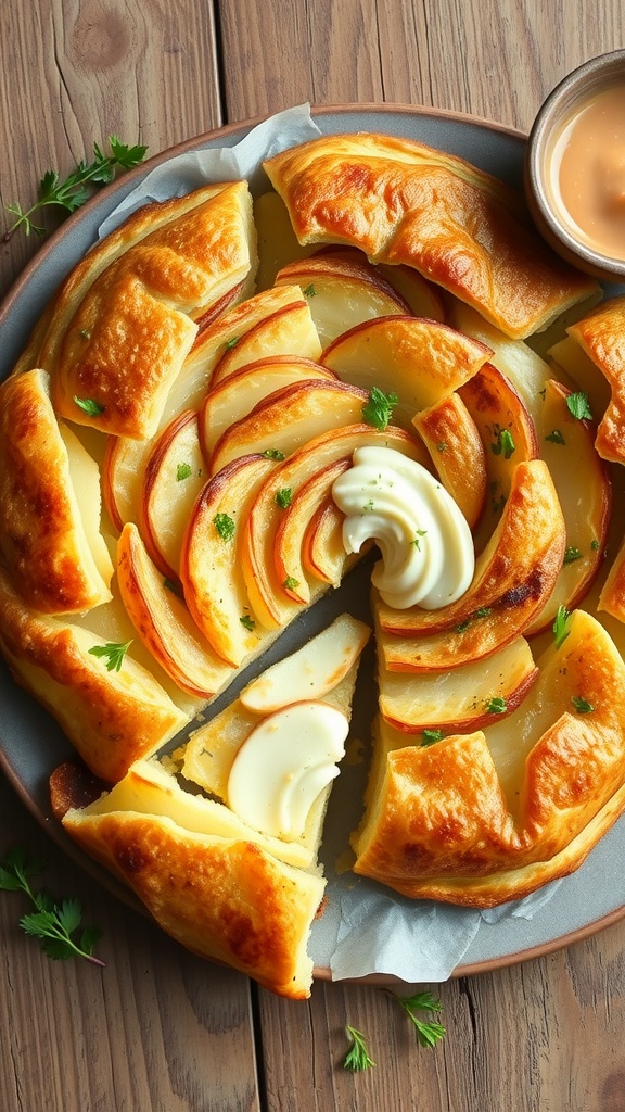 A crispy potato galette with golden edges, garnished with herbs on a rustic table.